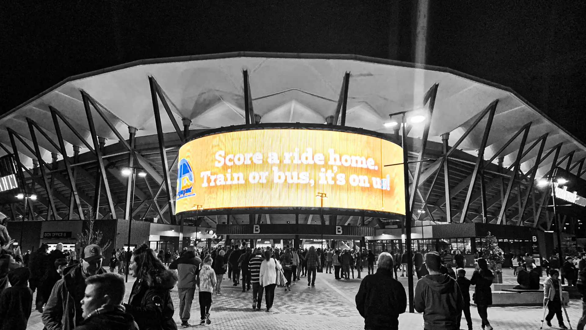 Bankwest Stadium LED scoreboard and perimeter display showing dynamic visuals during live events