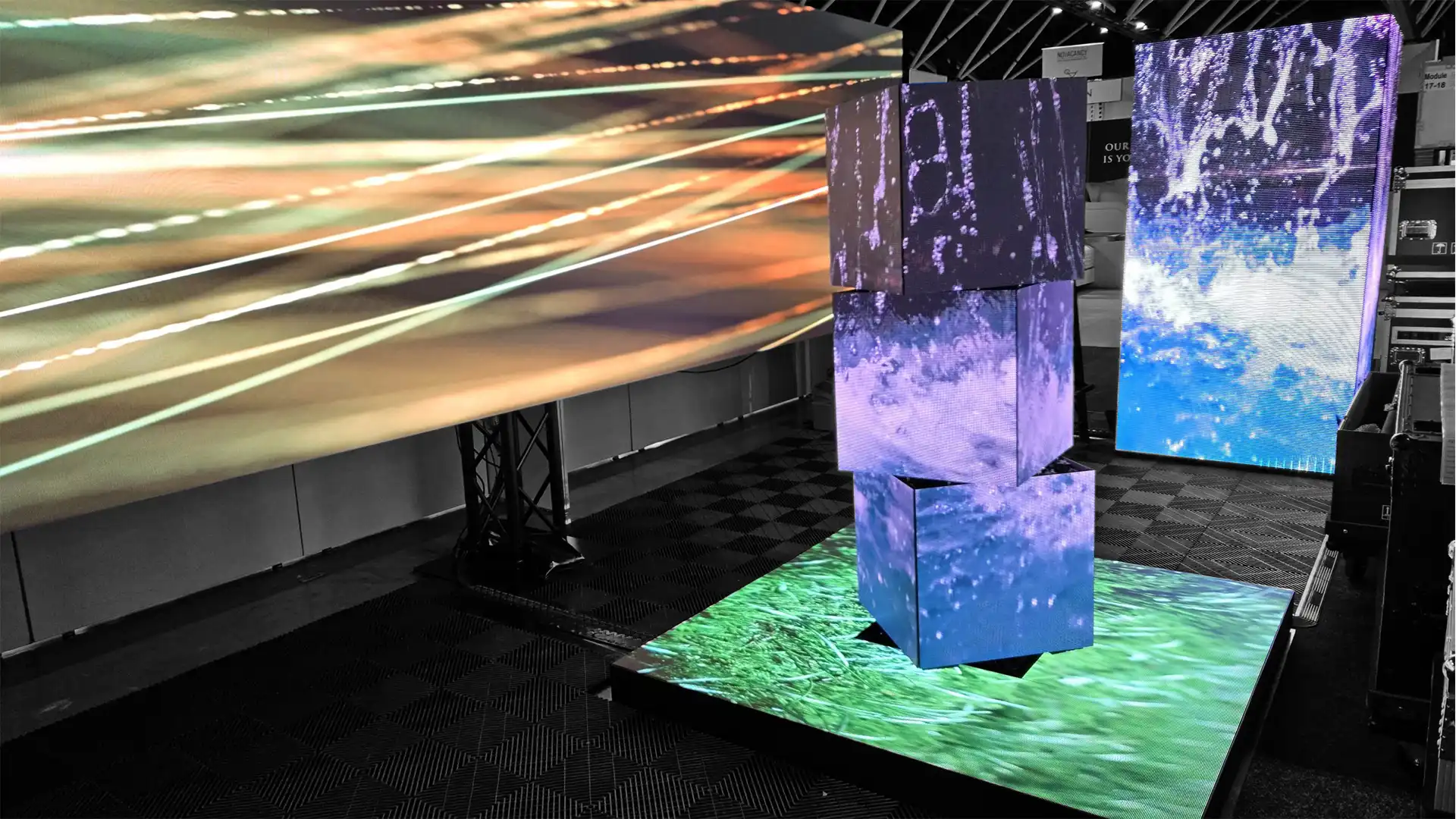 Load-bearing digital LED cube display floor installation