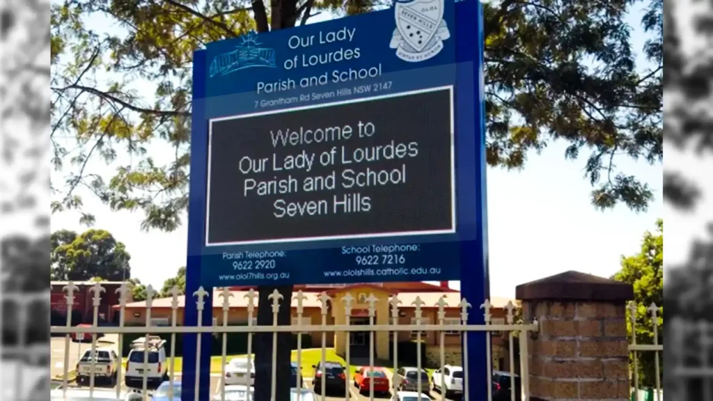 LED display screen installed in school hall for announcements and presentations