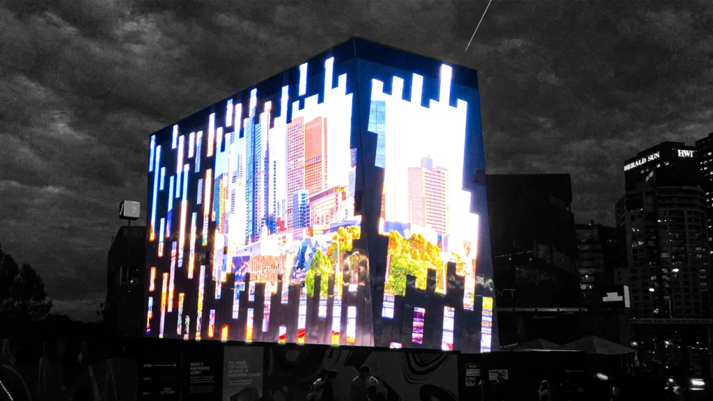 Corporate foyer LED video wall displaying branded visual content