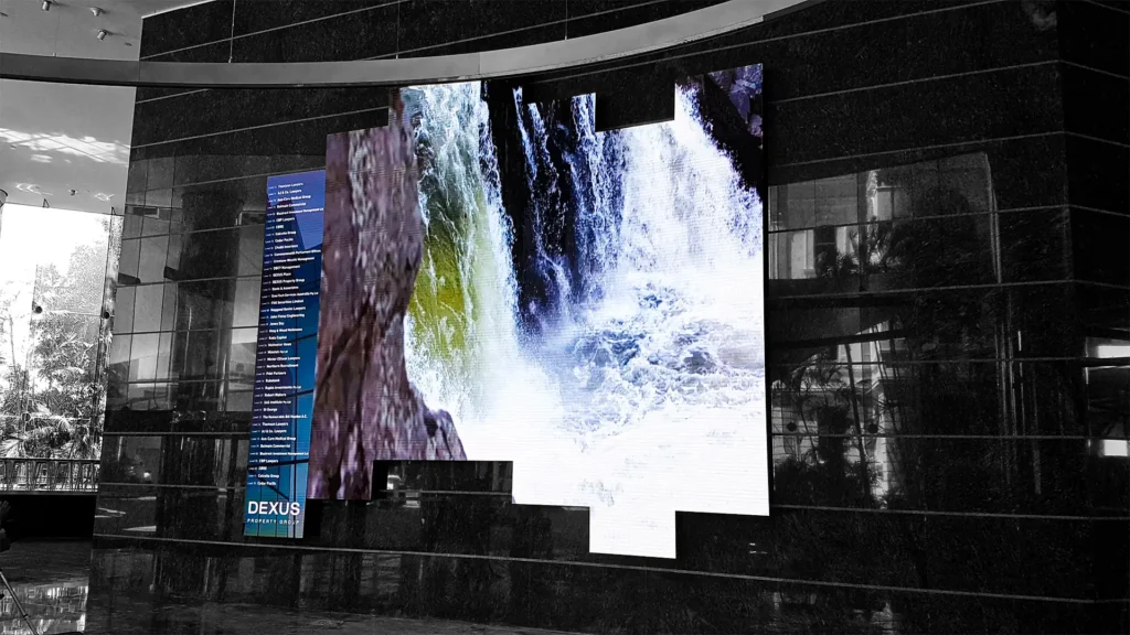 Corporate foyer custom LED display screen with transparent panel technology